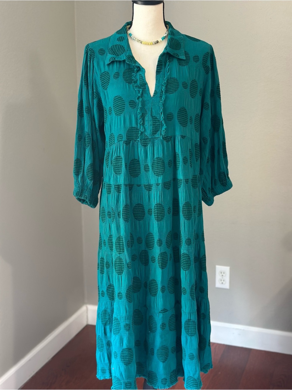 New Umgee Teal Cottagecore Maxi Dress with Large Polka Dots